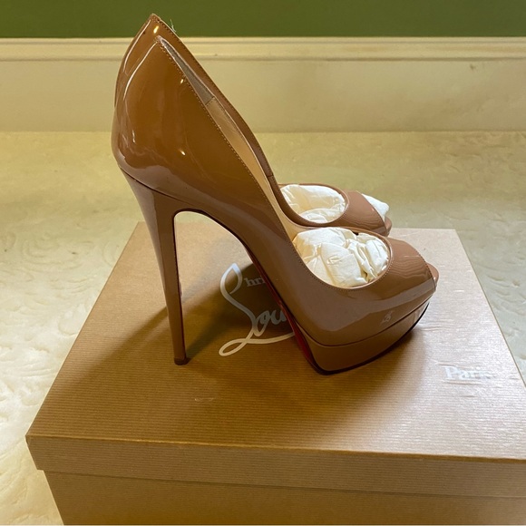 Christian Louboutin Nude Patent Leather Lady Peep Toe Platform Pumps - Picture 7 of 15